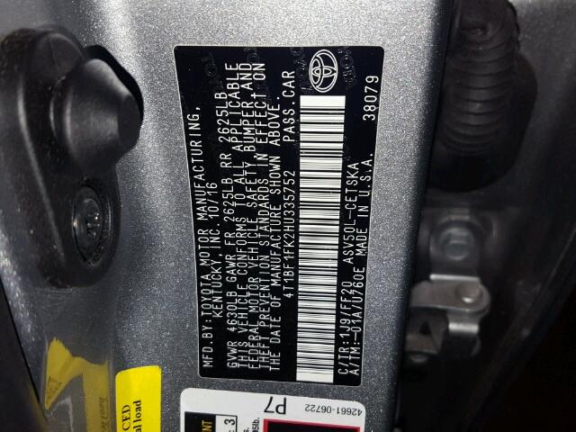 4T1BF1FK2HU335752 - 2017 TOYOTA CAMRY LE ვერცხლისფერი ფოტო 10