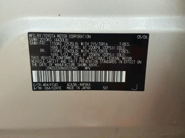 JTMZD33V865022845 - 2006 TOYOTA RAV4 金色 照片 10