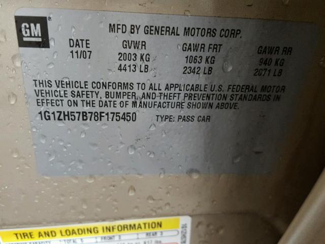 1G1ZH57B78F175450 - 2008 CHEVROLET MALIBU 1LT 金色 照片 10