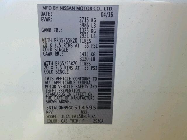 5N1AL0MN9GC514595 - 2016 INFINITI QX60 WHITE photo 10