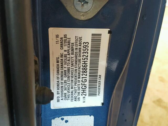2HGFG12886H523593 - 2006 HONDA CIVIC EX 蓝色 照片 10