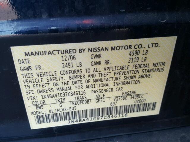 1N4BA41E97C846116 - 2007 NISSAN MAXIMA SE/ BLUE photo 10