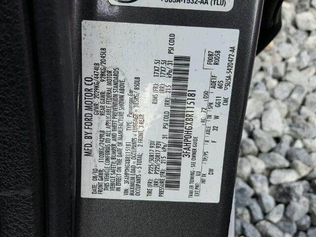 3FAHP0HGXBR115181 - 2011 FORD FUSION SE GRAY photo 10