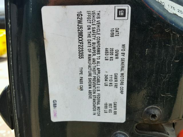 1G2WJ52MXXF223355 - 1999 PONTIAC GRAND PRIX Yaşıl foto 10