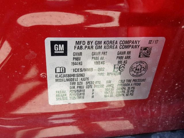 KL4CJASB6HB150963 - 2017 BUICK ENCORE PRE RED photo 10