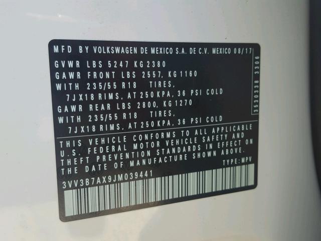 3VV3B7AX9JM039441 - 2018 VOLKSWAGEN TIGUAN SE Weiß Foto 10