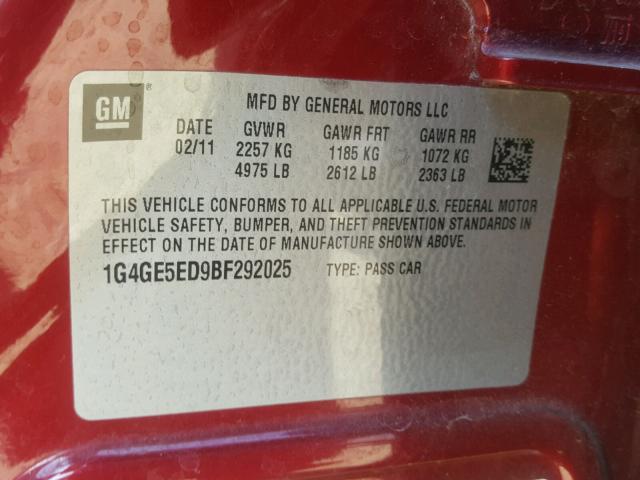 1G4GE5ED9BF292025 - 2011 BUICK LACROSSE C RED photo 10