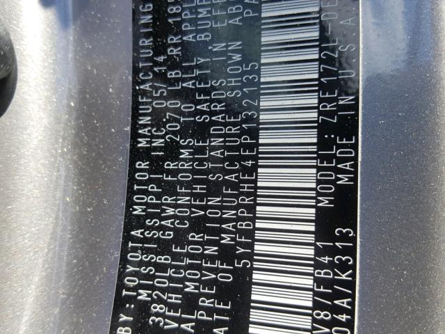 5YFBPRHE4EP132135 - 2014 TOYOTA COROLLA EC 灰色 照片 10