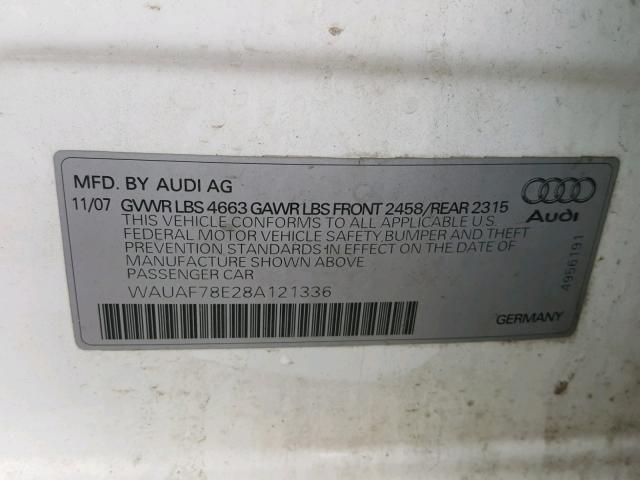 WAUAF78E28A121336 - 2008 AUDI A4 2.0T WHITE photo 10