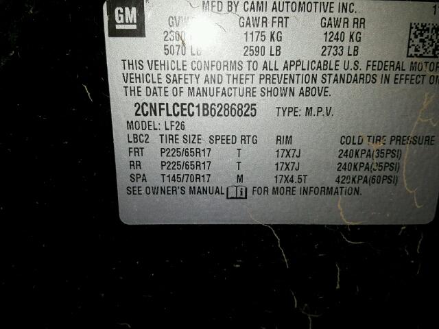 2CNFLCEC1B6286825 - 2011 CHEVROLET EQUINOX BLACK photo 10