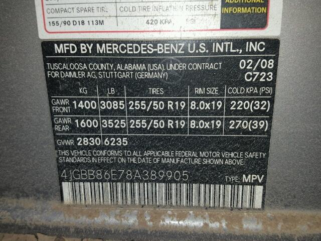 4JGBB86E78A389905 - 2008 MERCEDES-BENZ ML SILVER photo 10