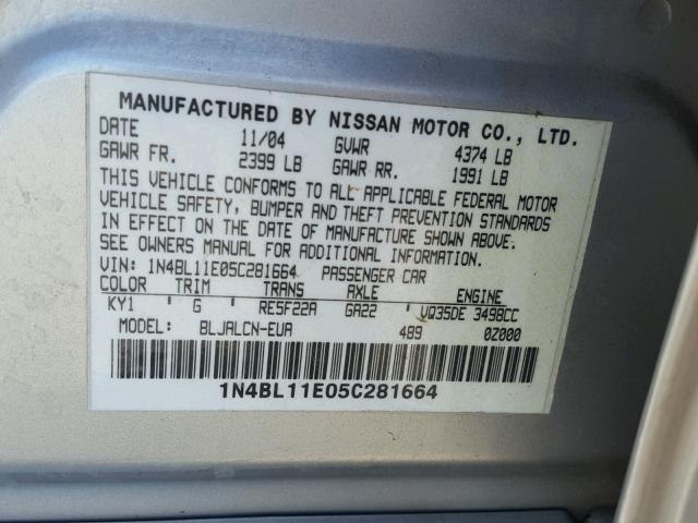 1N4BL11E05C281664 - 2005 NISSAN ALTIMA SE SILVER photo 10