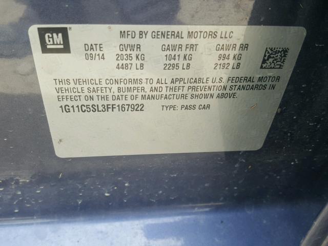 1G11C5SL3FF167922 - 2015 CHEVROLET MALIBU 1LT ლურჯი ფოტო 10