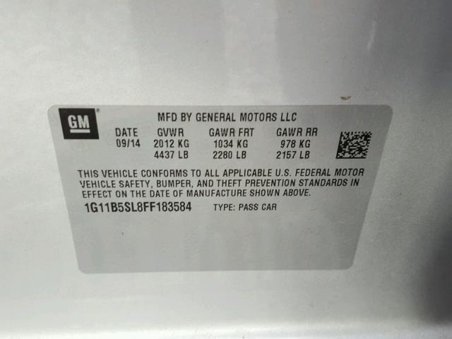 1G11B5SL8FF183584 - 2015 CHEVROLET MALIBU LS ვერცხლისფერი ფოტო 10