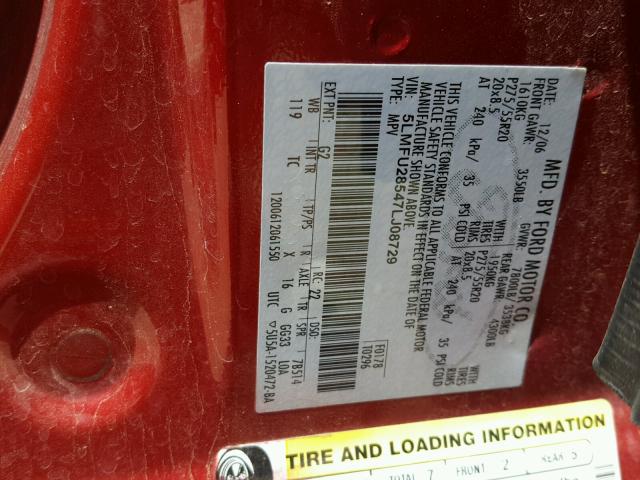 5LMFU28547LJ08729 - 2007 LINCOLN NAVIGATOR Czerwony zdjęcie 10