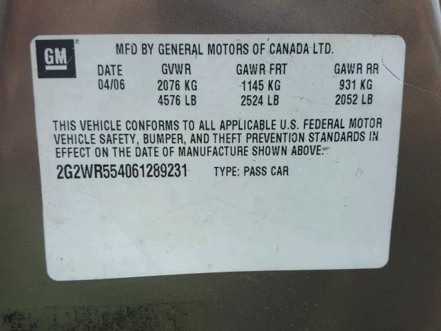 2G2WR554061289231 - 2006 PONTIAC GRAND PRIX BEIGE photo 10