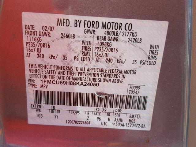 1FMCU59H88KA24050 - 2008 FORD ESCAPE HEV RED photo 10