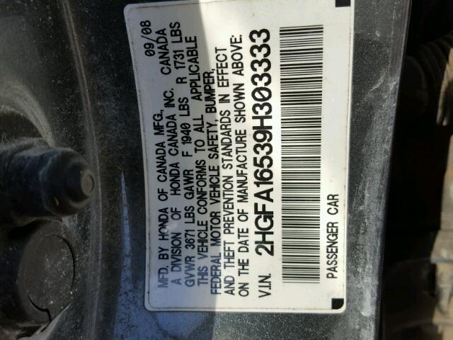 2HGFA16539H303333 - 2009 HONDA CIVIC GRAY photo 10