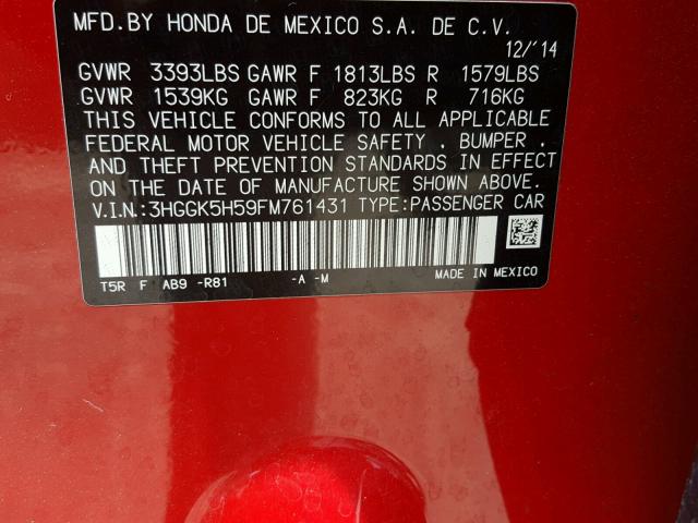 3HGGK5H59FM761431 - 2015 HONDA FIT LX RED photo 10