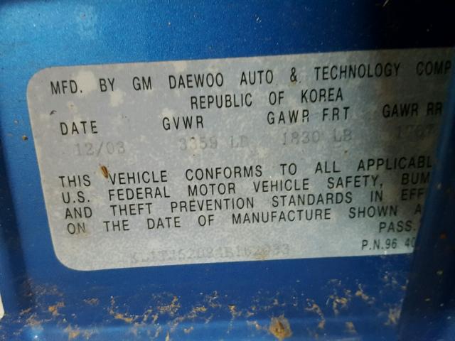 KL1TJ52684B162033 - 2004 CHEVROLET AVEO LS BLUE photo 10