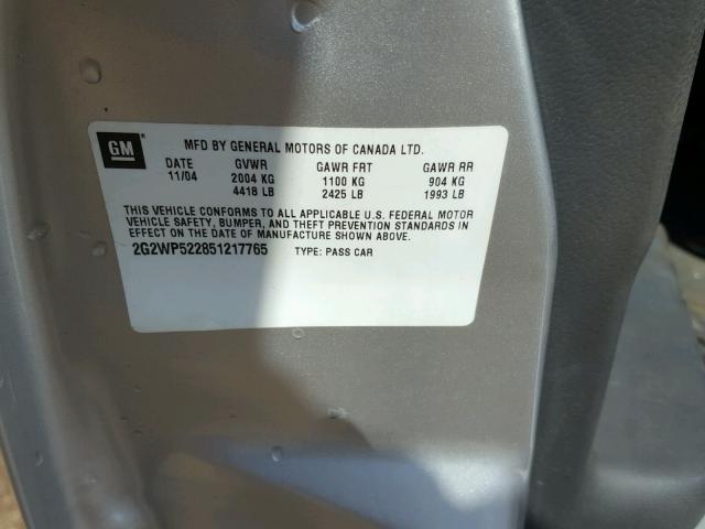2G2WP522851217765 - 2005 PONTIAC GRAND PRIX GRAY photo 10