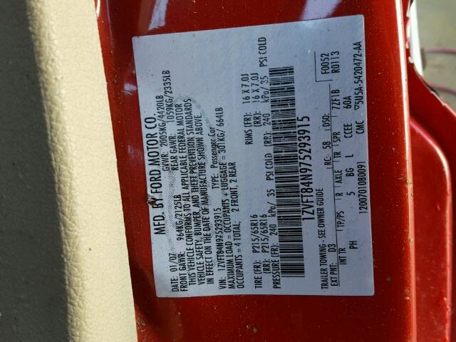 1ZVFT84N975293915 - 2007 FORD MUSTANG RED photo 10