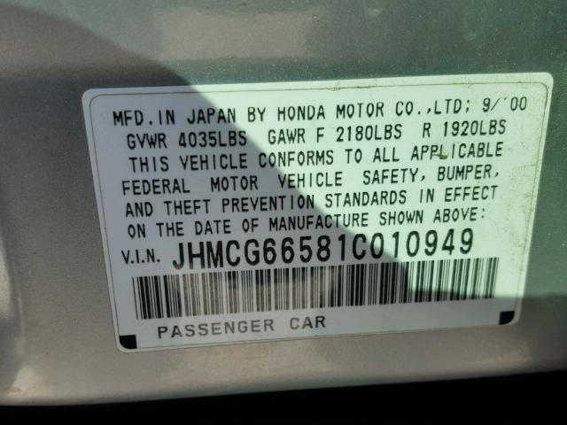 JHMCG66581C010949 - 2001 HONDA ACCORD SILVER photo 10