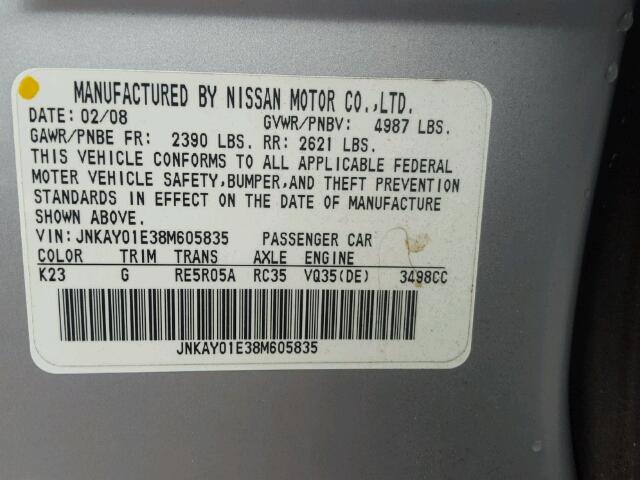 JNKAY01E38M605835 - 2008 INFINITI M35 BASE SILVER photo 10