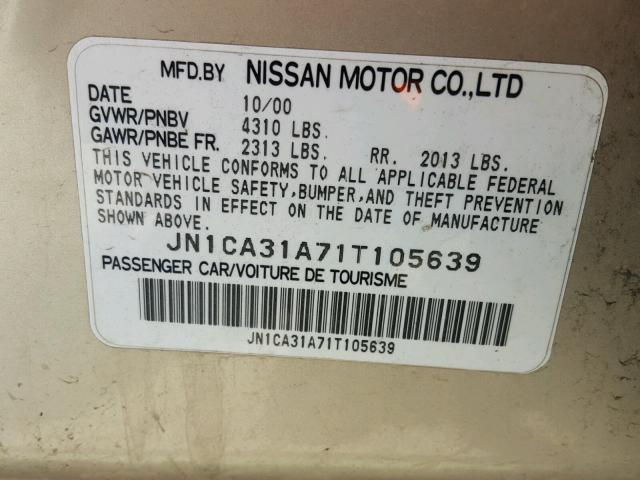 JN1CA31A71T105639 - 2001 NISSAN MAXIMA GXE GOLD photo 10