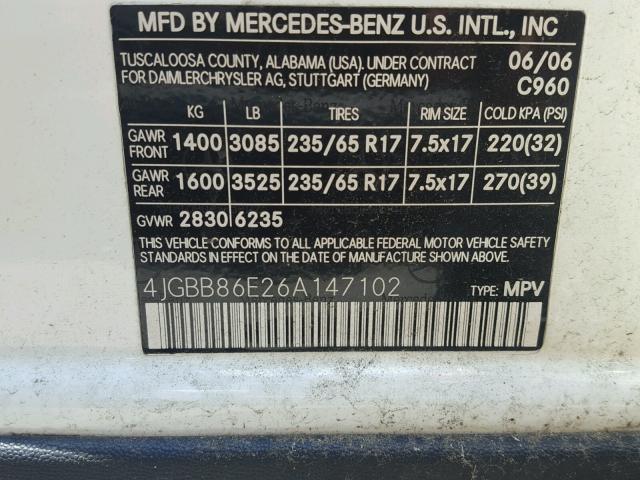 4JGBB86E26A147102 - 2006 MERCEDES-BENZ ML 350 WHITE photo 10