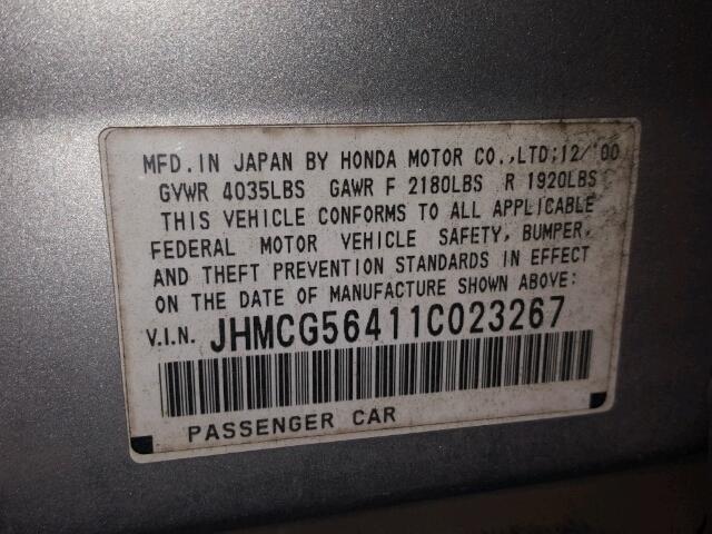 JHMCG56411C023267 - 2001 HONDA ACCORD LX SILVER photo 10