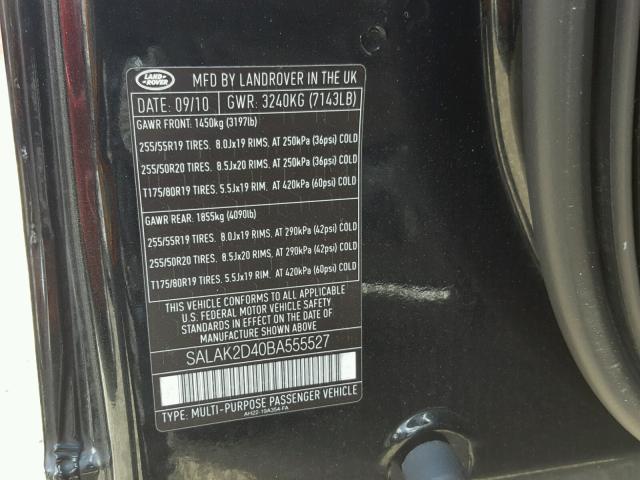 SALAK2D40BA555527 - 2011 LAND ROVER LR4 HSE LU BLACK photo 10