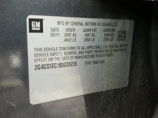 2G4GS5EC1B9200236 - 2011 BUICK REGAL CXL GRAY photo 10