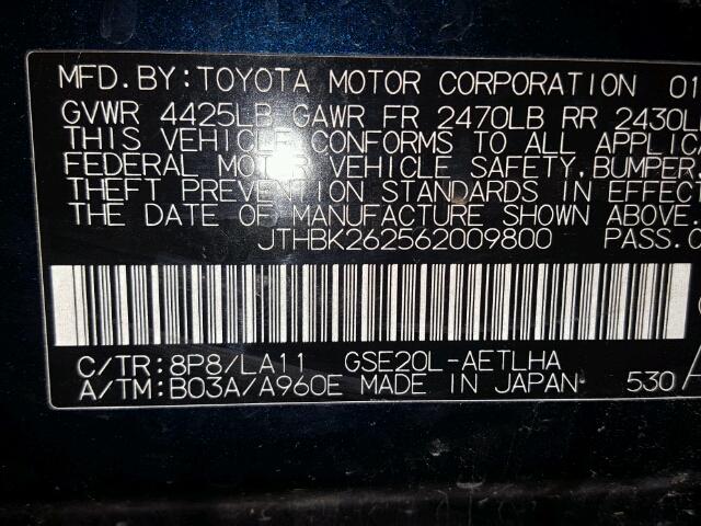 JTHBK262562009800 - 2006 LEXUS IS BLACK photo 10