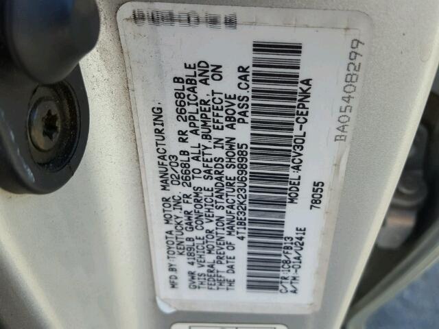 4T1BE32K23U698985 - 2003 TOYOTA CAMRY LE/X SILVER photo 10