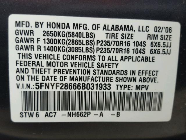 5FNYF28666B031933 - 2006 HONDA PILOT EX GRAY photo 10