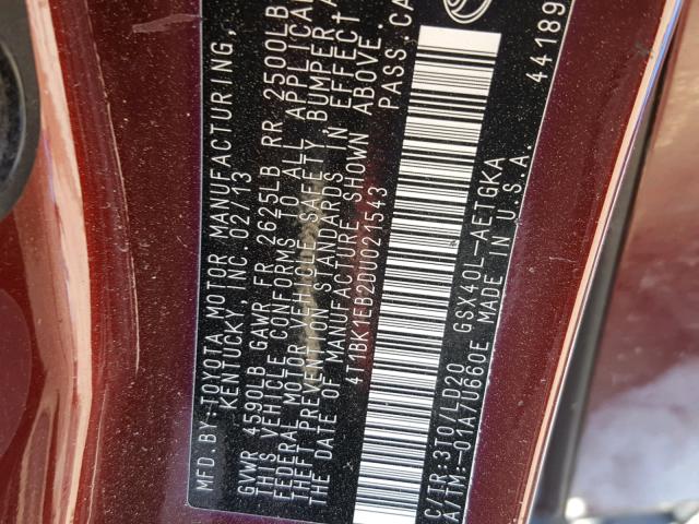 4T1BK1EB2DU021543 - 2013 TOYOTA AVALON BAS BURGUNDY photo 10