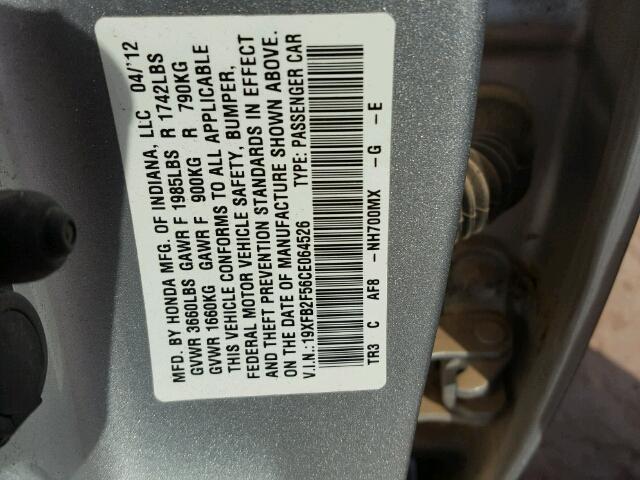 19XFB2F56CE064526 - 2012 HONDA CIVIC SILVER photo 10