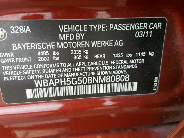 WBAPH5G50BNM80808 - 2011 BMW 328 I SULE RED photo 10