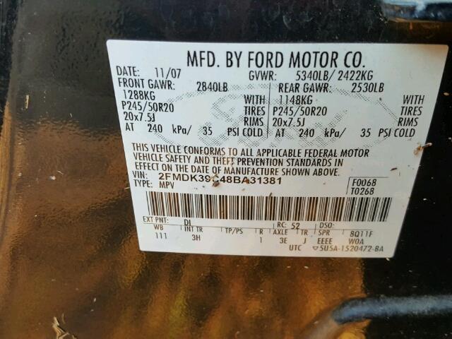 2FMDK39C48BA31381 - 2008 FORD EDGE Mavi fotoğraf 10
