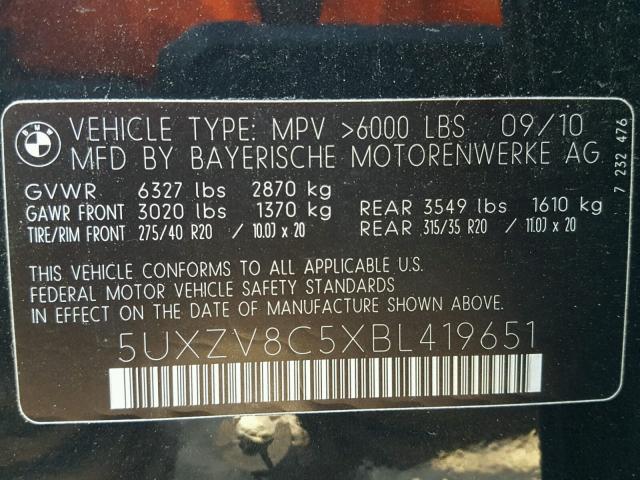 5UXZV8C5XBL419651 - 2011 BMW X5 XDRIVE5 BLACK photo 10