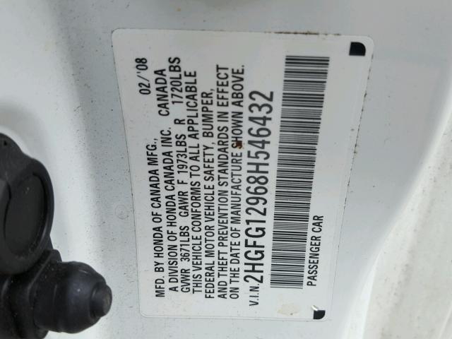 2HGFG12968H546432 - 2008 HONDA CIVIC EXL თეთრი ფოტო 10