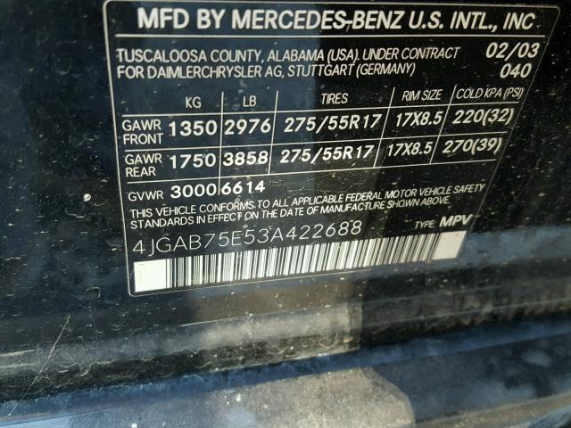 4JGAB75E53A422688 - 2003 MERCEDES-BENZ ML 500 BLACK photo 10