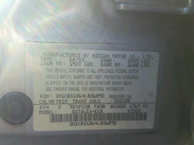 3N1CB51D64L856890 - 2004 NISSAN SENTRA 1.8 SILVER photo 10