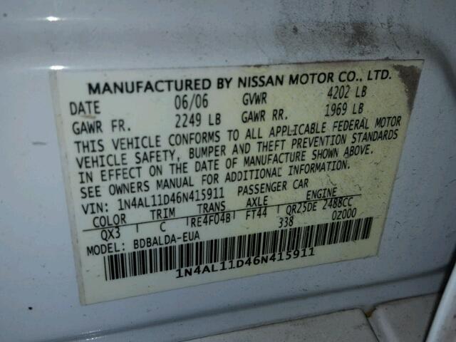 1N4AL11D46N415911 - 2006 NISSAN ALTIMA WHITE photo 10