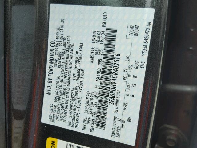 3FA6P0H94GR402516 - 2016 FORD FUSION SE GRAY photo 10