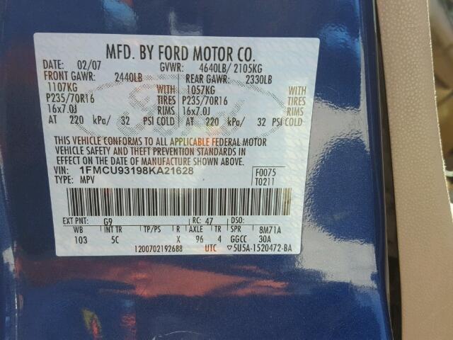 1FMCU93198KA21628 - 2008 FORD ESCAPE BLUE photo 10