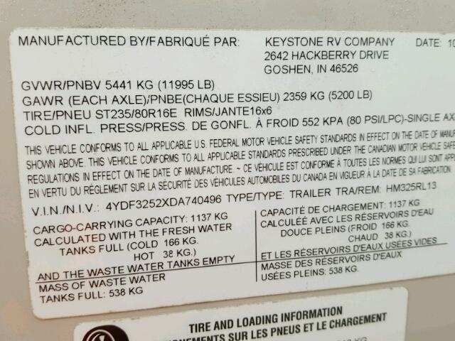 4YDF3252XDA740496 - 2013 KEYSTONE MONTANA CREAM photo 10