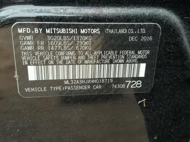 ML32A3HJXHH018719 - 2017 MITSUBISHI MIRAGE BLACK photo 10