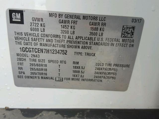 1GCGTCEN7H1234752 - 2017 CHEVROLET COLORADO L WHITE photo 10